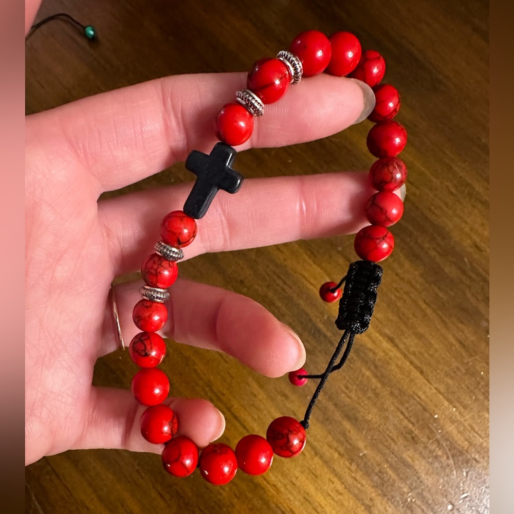 Red Beaded Cross Adjustable Bracelet NWOT